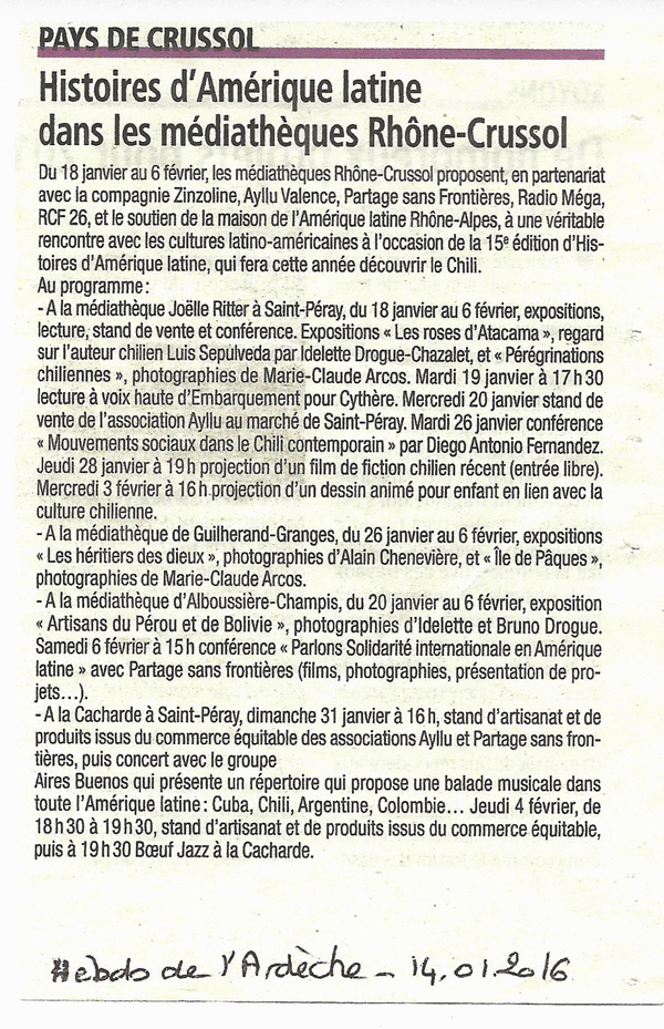 15 eme dition semaine "Histoires d'Amrique latine" de Saint-Pray en ardche avec l'association Ayllu et Partage sans Frontires - la presse - article du Dauphin libr