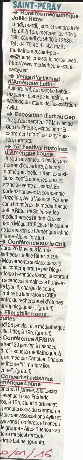 15 eme dition semaine "Histoires d'Amrique latine" de Saint-Pray en ardche avec l'association Ayllu et Partage sans Frontires - la presse - article du Dauphin libr