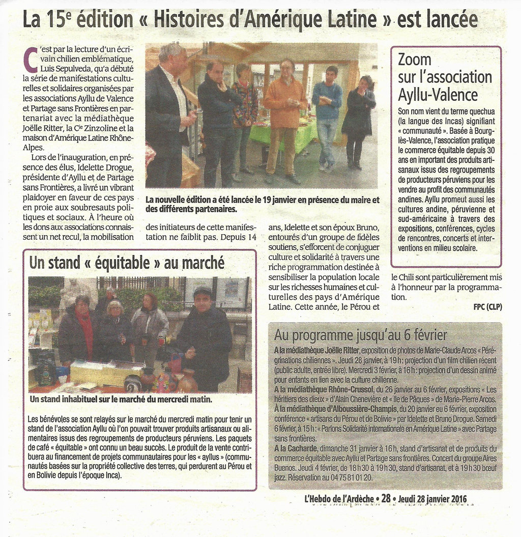 15 eme dition semaine "Histoires d'Amrique latine" de Saint-Pray en ardche avec l'association Ayllu et Partage sans Frontires - la presse - article du Dauphin libr