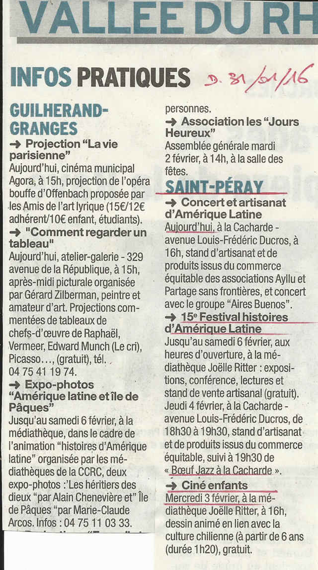 15 eme dition semaine "Histoires d'Amrique latine" de Saint-Pray en ardche avec l'association Ayllu et Partage sans Frontires - la presse - article du Dauphin libr