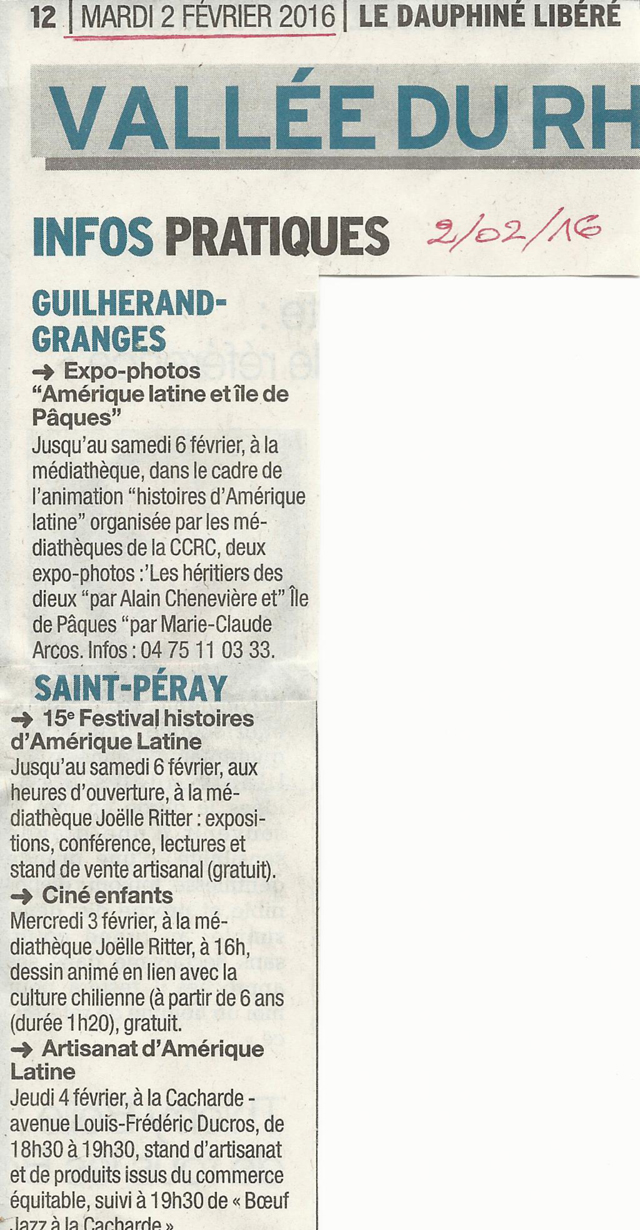 15 eme dition semaine "Histoires d'Amrique latine" de Saint-Pray en ardche avec l'association Ayllu et Partage sans Frontires - la presse - article du Dauphin libr